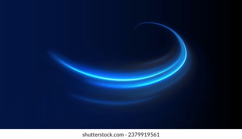 Light line effect blue neon glow flare wave glowing shiny speed lines effect vector background. Semicircular wave, light vortex wake. Bright circle. Set of abstract light lines of movement and speed.