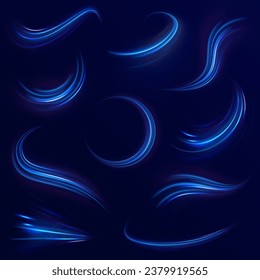 Leuchtzeileneffekt blauer Neon-Glow-Fare-Welle glänzende Geschwindigkeits-Linien Effekt Vektorhintergrund. Halbkreiswelle, Lichtwirbel wacht. Heller Kreis. Satz abstrakter Lichtlinien von Bewegung und Geschwindigkeit.