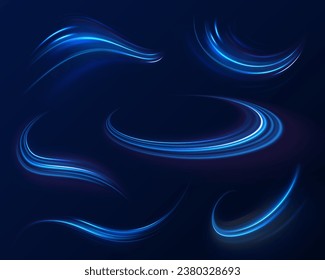 Light line effect blue neon glow flare wave glowing shiny speed lines effect vector background. Semicircular wave, light vortex wake. Bright circle. Set of abstract light lines of movement and speed.
