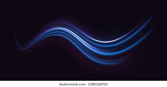 Efecto de línea clara neón azul resplandor de onda brillante líneas de velocidad brillante efecto de fondo vectorial. Ola semicírculo, vórtice claro. Círculo brillante. Conjunto de líneas de luz abstractas de movimiento y velocidad.