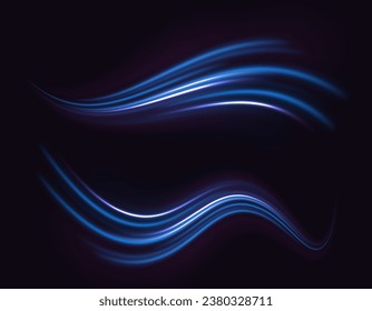 Light line effect blue neon glow flare wave glowing shiny speed lines effect vector background. Semicircular wave, light vortex wake. Bright circle. Set of abstract light lines of movement and speed.