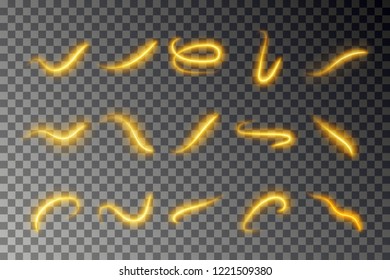 Light line effect collection, flow gold vector. Glowing light fire trace set. Glitter magic swirl trail effect isolated on transparent background. Abstract round wave line.