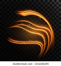 Light line gold swirl effect of glitter fire flare trace. Magic curve trail and sparkles  in wavy form. Glitter wave line on transparent background. Vector