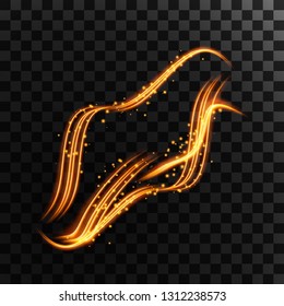 Light line gold swirl effect of glitter fire flare trace. Magic curve trail and sparkles  in wavy form. Glitter wave line on transparent background. Vector