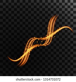 Light line gold swirl effect of glitter fire flare trace. Magic curve trail and sparkles  in wavy form. Glitter wave line on transparent background. Vector