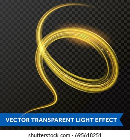 Efecto giratorio dorado de línea clara. Trazo de la luz de fuego de la luz de brillo del vector. Efecto de la pista de espuma mágica sobre fondo transparente. Línea de onda redonda de brillo ligero con partículas brillantes