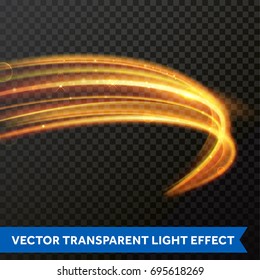 Efecto giratorio de oro de línea clara de la traza de la bengala de fuego de luz brillante. El sendero de remolque mágico vectorial en fondo transparente. Línea de onda redonda de brillo ligero de boquilla con partículas brillantes