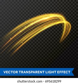 Efecto giratorio de oro de línea clara. Seguimiento de la bengala del fuego de la luz del brillo del vector. El efecto de la pista de giro mágico brillante sobre fondo transparente. Línea de onda redonda de brillo ligero de boquilla con partículas brillantes