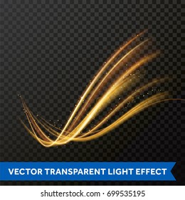 Efecto giratorio dorado de línea clara. Efecto de la pista de espuma mágica sobre fondo transparente. Línea de onda redonda ligera de brillo con partículas brillantes. Trazo de la luz de fuego de la luz de brillo del vector.