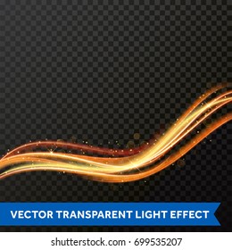 Light line gold swirl effect of glitter light fire flare trace. Vector magic sparkle swirl trail. Bokeh light glitter round wave line with sparkling particles on transparent background.