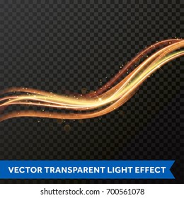 Light line gold swirl effect. Magic sparkle swirl trail effect on transparent background. Vector glitter light fire flare trace. Bokeh light glitter round wave line with sparkling particles