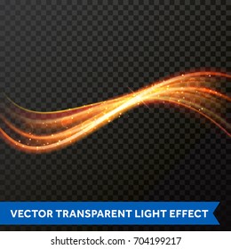 Light line gold swirl effect. Vector glitter light fire flare trace. Magic sparkle light swirl trail effect on transparent background. Bokeh light glitter wave line with sparkling particles.
