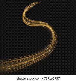 Light line gold swirl effect. Magic sparkle swirl trail effect on transparent background.