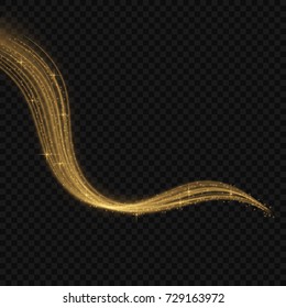 Light line gold swirl effect. Magic sparkle swirl trail effect on transparent background.