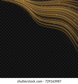 Light line gold swirl effect. Magic sparkle swirl trail effect on transparent background.