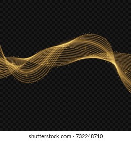 Light line gold swirl effect. Vector glitter light fire flare trace