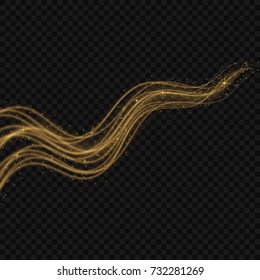 Light line gold swirl effect. Vector glitter light fire flare trace