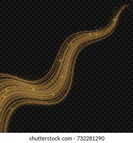 Light line gold swirl effect. Vector glitter light fire flare trace