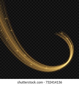 Light line gold swirl effect. Vector glitter light fire flare trace