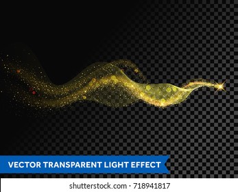 Light line gold wave effect of magic sparkle trail on transparent background. Vector glitter light particles flare trace and bokeh light glitter round wave line with sparkling particles