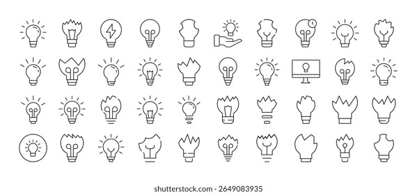 Pacote de Ícones de Linha de Luz. Lâmpadas e sinais de contorno de lâmpadas quebradas para design gráfico e Web, aplicativos, anúncios, várias cartas 