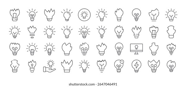 Coleção de Ícones de Linha de Luz. Lâmpadas e sinais de contorno de lâmpadas quebradas para design gráfico e Web, aplicativos, anúncios, várias cartas 