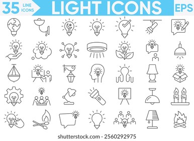 Light Line Icons set.A set of light bulb icon on white background.Electric lamp, light, innovation, solution, creative thinking, electricity.Vector and illustrator set.