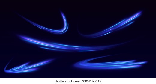 Efecto giratorio de neón de línea luminosa. Seguimiento de la bengala del fuego de la luz del brillo del vector. Bokeh línea de onda redonda de brillo de luz azul con partículas brillantes. Efecto de la pista de giro mágico con destello sobre fondo transparente	