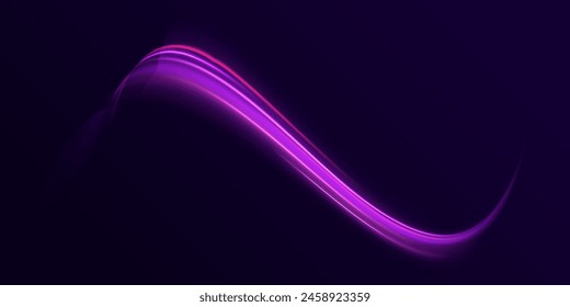 Efecto de remolino de neón de línea ligera. Vector brillo luz fuego bengala traza. Brillo Bokeh onda redonda volando bengalas brillantes. Futurista rayo de luz luminoso volador con brillo.	
