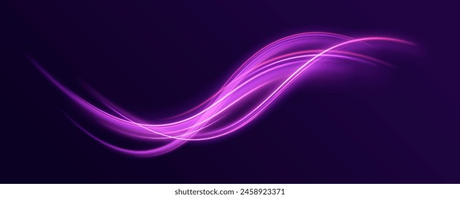 Light line neon swirl effect. Vector glitter light fire flare trace. Bokeh glitter round wave flying sparkling flares. Futuristic flying luminous power beam with twinkle.	
