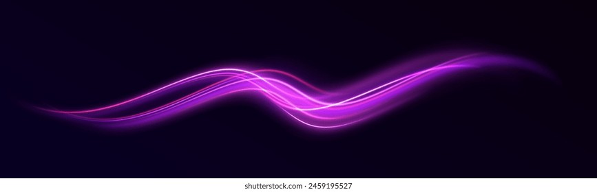 Light line neon swirl effect. Vector glitter light fire flare trace. Bokeh glitter round wave flying sparkling flares. Futuristic flying luminous power beam with twinkle.	
