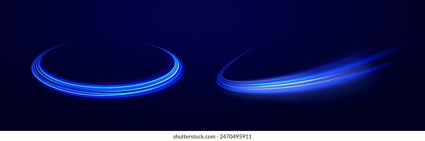 Light Line Neon Swirl Effekt. Vektorgrafik Glitzer Licht Feuer Flare Spur. Bokeh Blue Light Glitzer runde Wellenlinie mit funkelnden Partikeln. Magischer Funkelwirbel-Trail-Effekt auf transparentem Hintergrund	