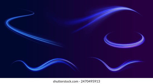 Efecto de remolino de neón de línea ligera. Vector brillo luz fuego bengala traza. Línea de ondas redondas con brillo de luz azul Bokeh con partículas brillantes. Efecto de rastro de espiral mágico en fondo transparente	