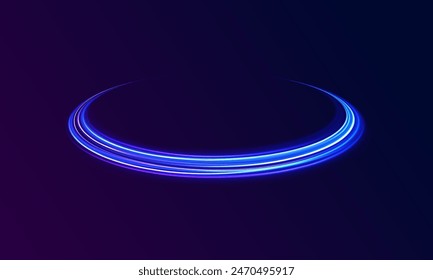 Efecto de remolino de neón de línea ligera. Vector brillo luz fuego bengala traza. Línea de ondas redondas con brillo de luz azul Bokeh con partículas brillantes. Efecto de rastro de espiral mágico en fondo transparente	