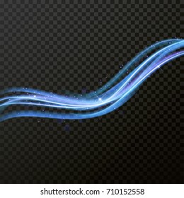 Light line neon swirl effect. Vector glitter light fire flare trace. Bokeh blue light glitter round wave line with sparkling particles. Magic sparkle swirl trail effect on transparent background