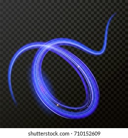 Light line neon swirl effect. Vector glitter light fire flare trace. Magic sparkle swirl trail effect on transparent background. Bokeh light glitter round wave line with sparkling particles