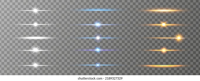 Light line set. Flare effect beam. Shiny sun. Neon effect. Sparkle speed energy. Glow streak ray. Laser. Sun burst. Magic explosion. Orange, blue, white glare. Streak motion. Vector illustration.