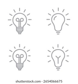 Ícones lineares claros definidos isolados em um plano de fundo transparente. Ícones de lâmpada Definir ilustração vetorial. Símbolos Modernos, de Energia e de Ideias. Ícone de Ideia. Traço editável.