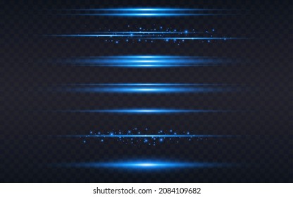 Light lines. Blue horizontal lights set. Neon glowing elements with particles. Bright laser beams on dark background. Colored strings collection. Vector illustration.