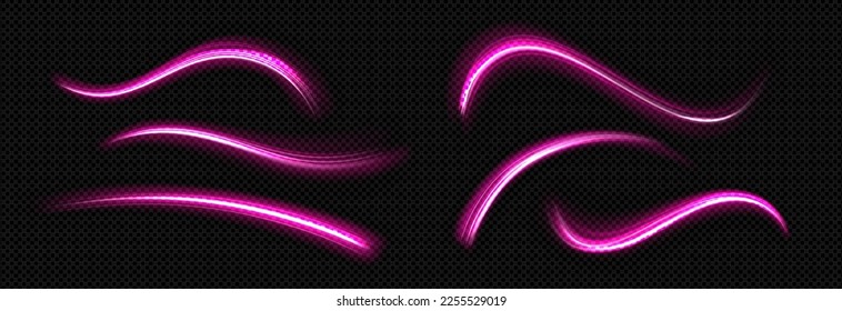 Efecto de las líneas luminosas de los senderos de movimiento de resplandor de neón. Olas mágicas rosas, trazas de flash abstractas, líneas onduladas curvadas y onduladas aisladas en fondo transparente, ilustración vectorial realista