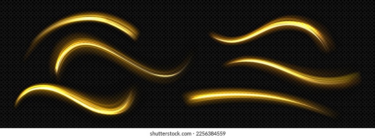 Light lines effect of neon glow motion trails. Magic golden waves, abstract flash trails, glowing curved and wavy lines isolated on transparent background, vector realistic illustration