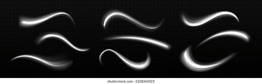 Efecto de las líneas luminosas de los senderos de movimiento de resplandor de neón. Olas mágicas blancas, trazas abstractas de flash, líneas onduladas curvadas y onduladas aisladas en fondo transparente, ilustración vectorial realista