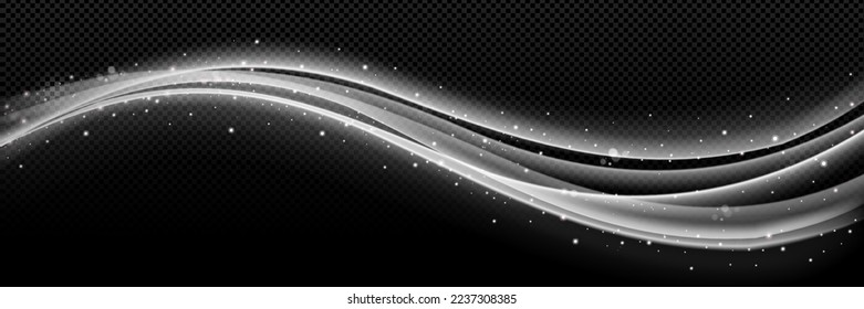 Light lines motion effect. Abstract white waves with blur, sparkles and bokeh. Luxury bright curve light trails with sparks isolated on transparent background, vector realistic illustration