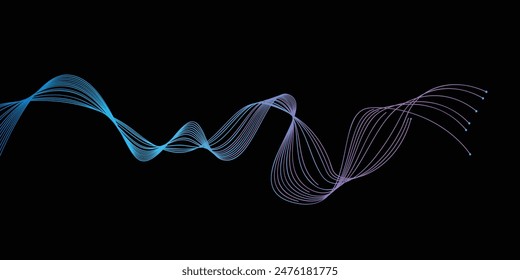 light lines wavy flowing dynamically in blue-green colors isolated on a black background for the concept of communication, 5G, science, music, AI technology, digital