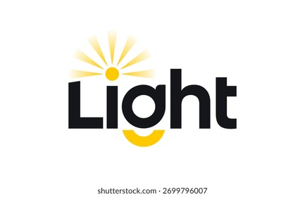 Diseño de logo ligero. Diseño de Vector de concepto de marca de palabras con lámpara, rayos de luz e ícono gráfico de símbolo solar