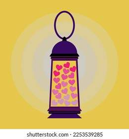 Light of love. Old lamp with hearts inside. Flat style. Yellow background. Valentine's Day. Vector