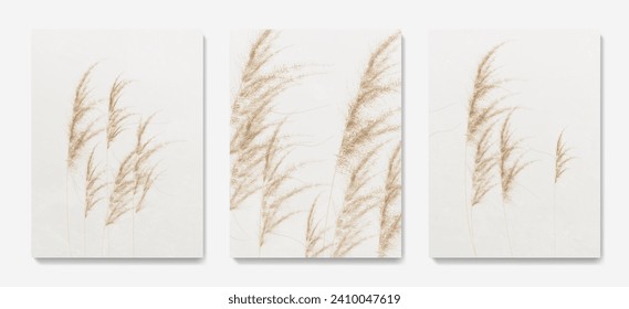 Light luxury art background with field grass in beige gold color in line style. Set of hand drawn botanical vector posters for decoration, print, interior design, wallpaper, banner, poster, packaging.