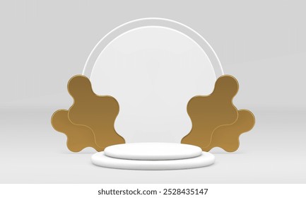 Light luxury circle 3d podium pedestal for product presentation realistic vector illustration. White elegant trendy advertising display with golden abstract smooth shape shopping sale advertisement