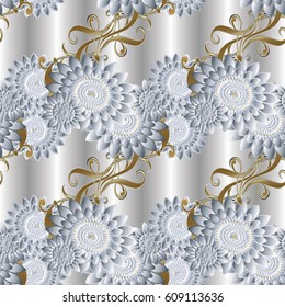Light luxury floral seamless pattern. Drapery silver flourish background wallpaper illustration with vintage 3d white flowers,  swirl gold leaves and flowery ornaments. Vector surface  texture 