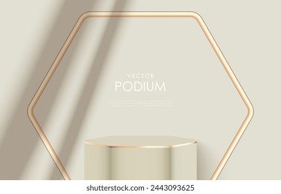 Podio minimalista de lujo ligero con marco hexagonal de oro. Moqueta de podio para exhibiciones de productos, exhibiciones, banners de descuento y presentaciones. Fondo para cosméticos, perfumes y joyas